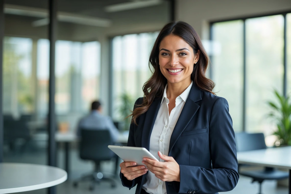 Portrait of young Hispanic professional business woman standing in office.